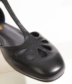 1920s Style Black Leatherette T-Strap Flats