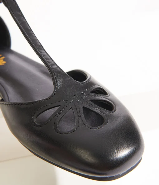 1920s Style Black Leatherette T-Strap Flats