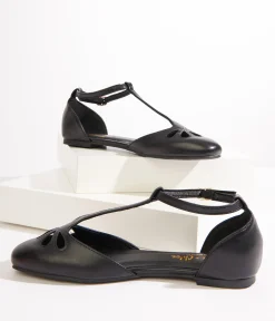 1920s Style Black Leatherette T-Strap Flats