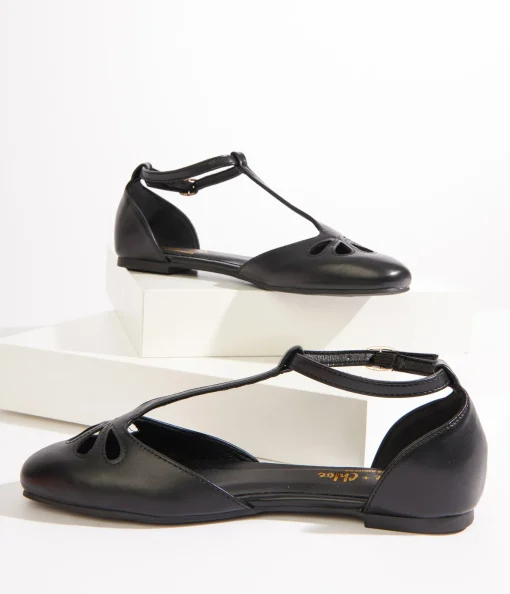 1920s Style Black Leatherette T-Strap Flats