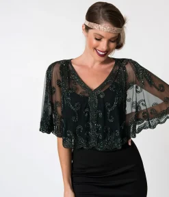 1920s Style Dark Green & Olive Beaded Sheer Mesh Capelet