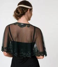 1920s Style Dark Green & Olive Beaded Sheer Mesh Capelet