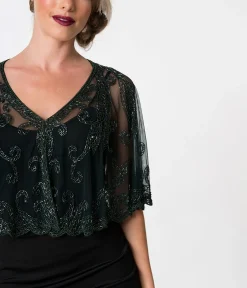1920s Style Dark Green & Olive Beaded Sheer Mesh Capelet