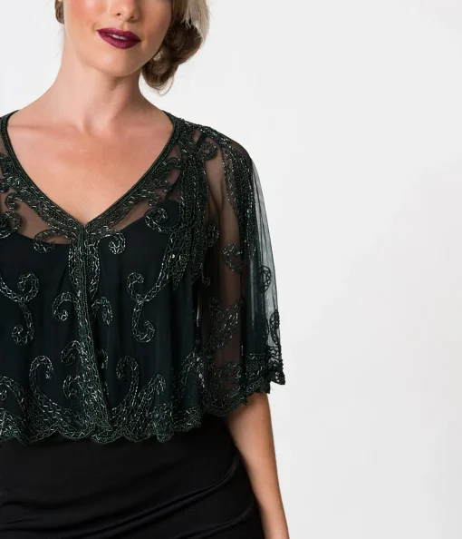 1920s Style Dark Green & Olive Beaded Sheer Mesh Capelet