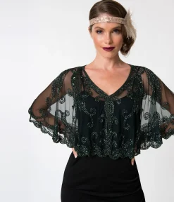 1920s Style Dark Green & Olive Beaded Sheer Mesh Capelet