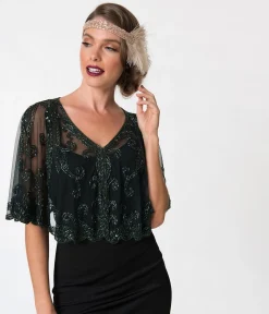 1920s Style Dark Green & Olive Beaded Sheer Mesh Capelet