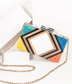 1960s Style Rainbow Chevron Wood & Resin Hard Clutch