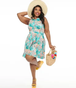 1950s Turquoise Hawaii Print Tea Dress