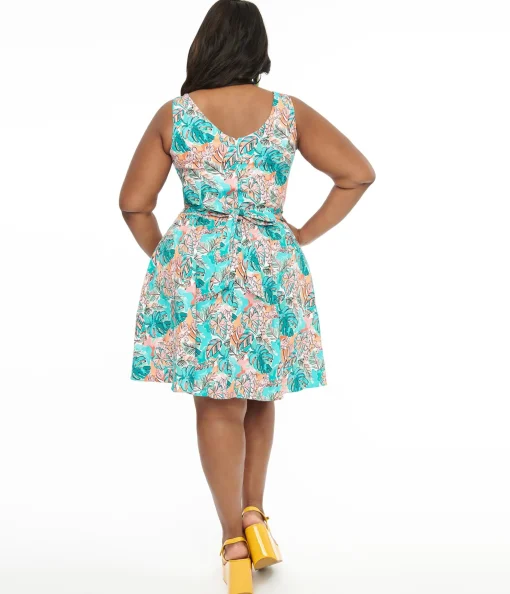 1950s Turquoise Hawaii Print Tea Dress