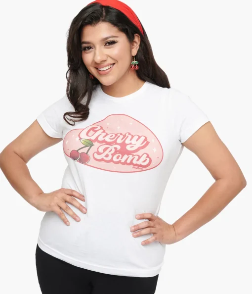 1950s White & Red Cherry Bomb Fitted Graphic Tee