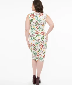 1950s White & Tropical Floral Cotton Jewel Wiggle Dress