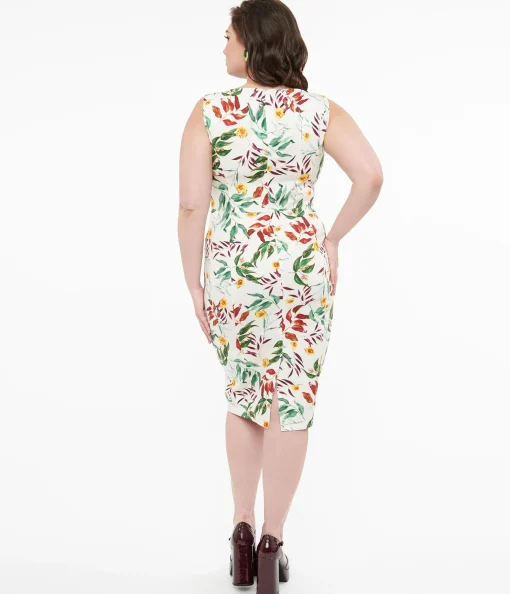 1950s White & Tropical Floral Cotton Jewel Wiggle Dress