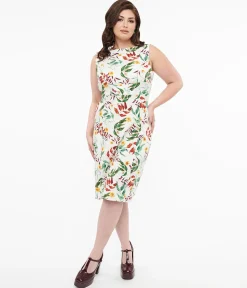 1950s White & Tropical Floral Cotton Jewel Wiggle Dress