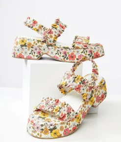 1970s White Floral Jean Platform Sandals