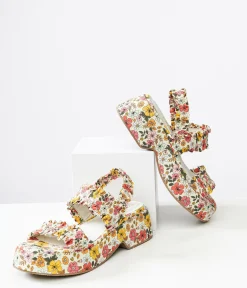 1970s White Floral Jean Platform Sandals