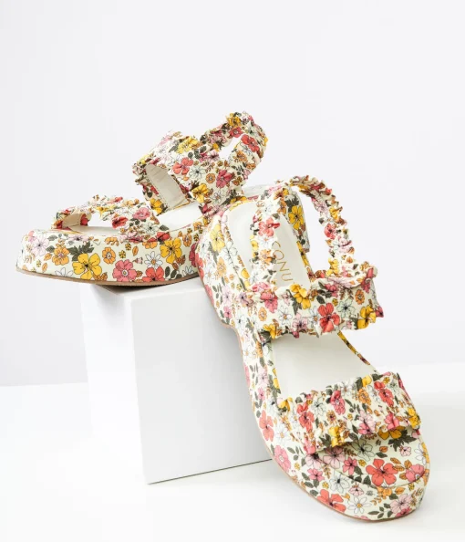 1970s White Floral Jean Platform Sandals