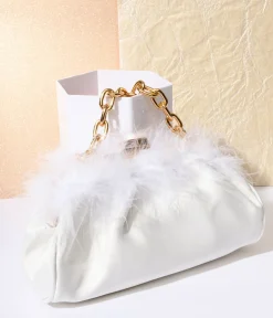 1920s White Satin & Fur Trim Clutch Handbag