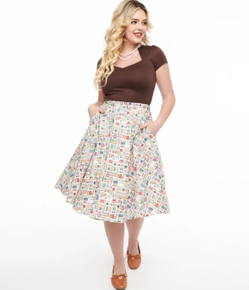 1950s White Sewing Print Cotton Swing Skirt