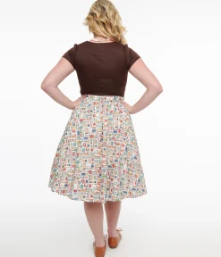 1950s White Sewing Print Cotton Swing Skirt