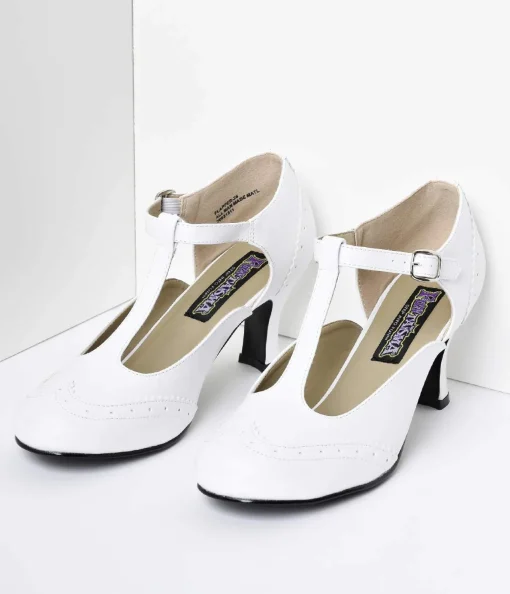 1920s White T-Strap Mary Jane Kitten Heels