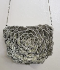 Silver Flower Beaded Crossbody Bag
