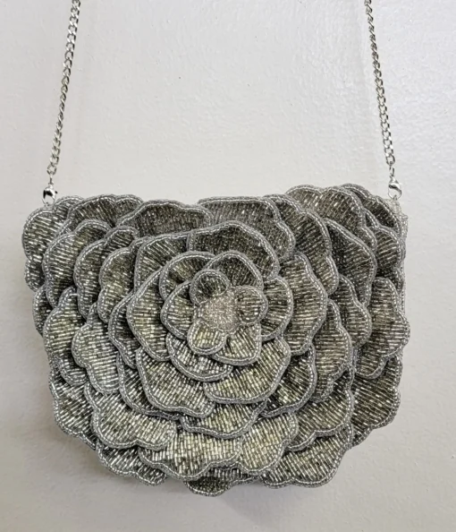 Silver Flower Beaded Crossbody Bag