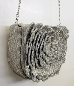 Silver Flower Beaded Crossbody Bag