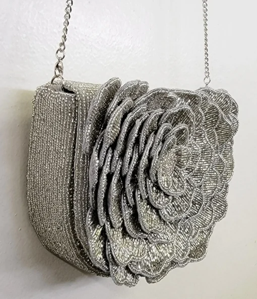 Silver Flower Beaded Crossbody Bag