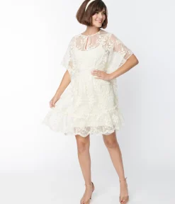 Smak Parlor 1970s Ivory Embroidered Lace Mini Caftan