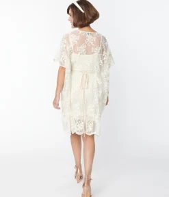 Smak Parlor 1970s Ivory Embroidered Lace Mini Caftan