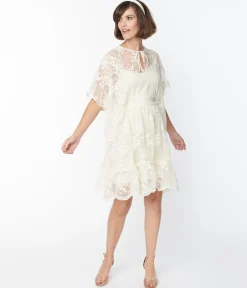 Smak Parlor 1970s Ivory Embroidered Lace Mini Caftan