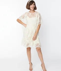 Smak Parlor 1970s Ivory Embroidered Lace Mini Caftan