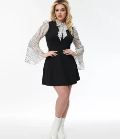 Smak Parlour Black & White Polka Dot Bell Sleeve Flare Dress