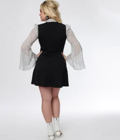 Smak Parlour Black & White Polka Dot Bell Sleeve Flare Dress