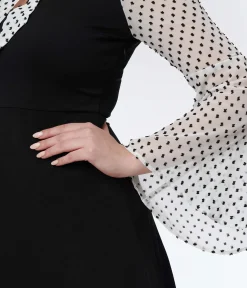 Smak Parlour Black & White Polka Dot Bell Sleeve Flare Dress