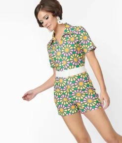 Smak Parlour Green & Pink Mod Daisy Belted Romper