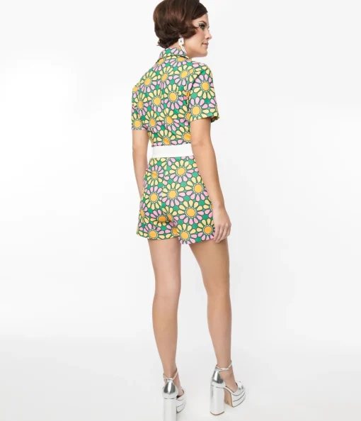 Smak Parlour Green & Pink Mod Daisy Belted Romper