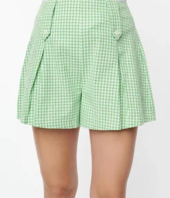 Smak Parlour Green & White Gingham Pleated Shorts