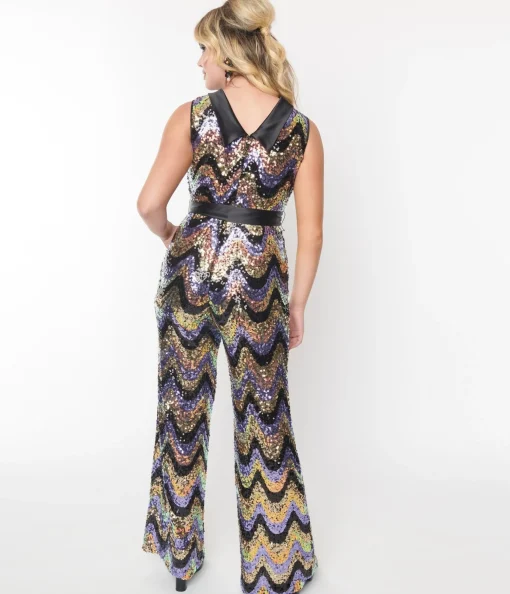 Smak Parlour Multicolor Zig Zag Sequin Cowl Neck Jumpsuit