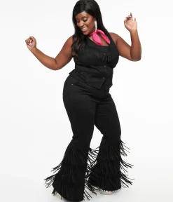 Smak Parlour Plus Size 1970s Black Suede Tassel Flare Pants