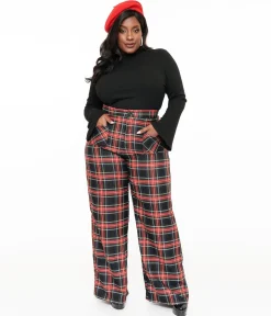Smak Parlour Plus Size 1960s Black & Red Plaid Wide Leg Trousers