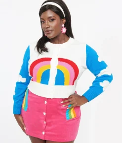 Smak Parlour Plus Size 1960s Blue & Rainbow Clouds Cardigan
