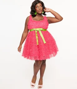 Smak Parlour Plus Size 1960s Hot Pink Empire Waist Mini Dress