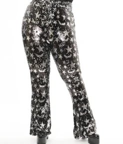 Smak Parlour Plus Size 1960s Black & Silver Star Sequin High Waist Flare Pants