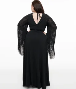 Smak Parlour Plus Size 1970s Black Floral Fringe Sleeve Maxi Dress
