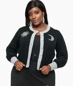 Smak Parlour Plus Size 1960s Black & Silver Celestial Embroidered Cropped Cardigan