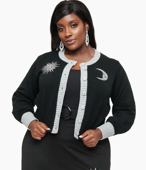 Smak Parlour Plus Size 1960s Black & Silver Celestial Embroidered Cropped Cardigan