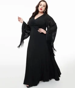 Smak Parlour Plus Size 1970s Black Floral Fringe Sleeve Maxi Dress