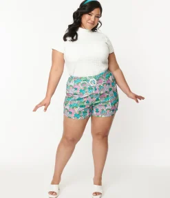 Smak Parlour Plus Size Teal Groovy Mushrooms Shorts