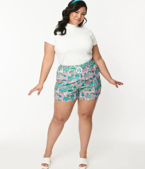 Smak Parlour Plus Size Teal Groovy Mushrooms Shorts